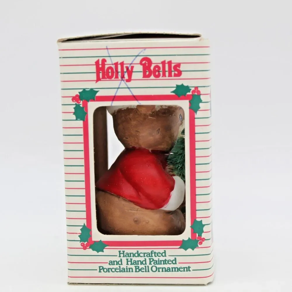 Holly Bells Porcelain Teddy Bear Bell Ornament Vintage 1986 Original Box b